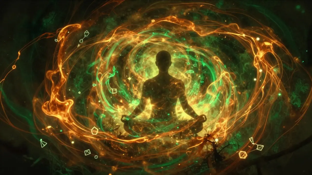 Silhouette eines Menschen in einem Wirbel aus bernsteinfarbenen Energiewellen.