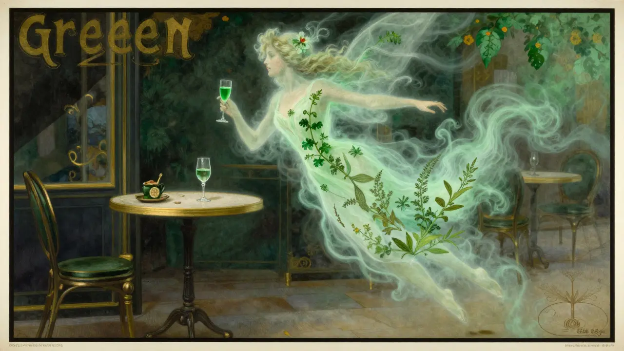 Surreale Illustration der Grünen Fee in einem Vintage-Stil aus dem 19. Jahrhundert.