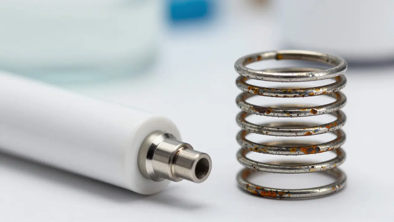 Vergleich zwischen einem sauberen Keramik-Heizelement und einer korrodierten Metallspule einer Vape.