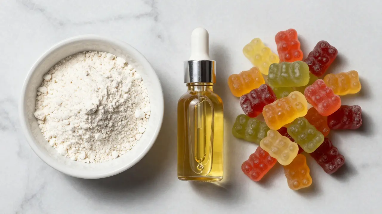 Vergleich zwischen kalorienfreiem CBD-Isolat und zuckerhaltigen CBD-Gummibärchen.