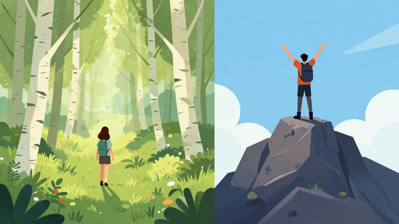Vergleichsbild zwischen einem entspannten Waldspaziergang und dem Besteigen eines Berggipfels.