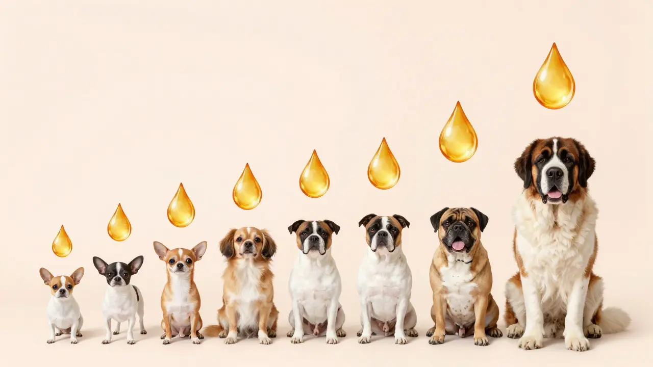 Verschiedene Hundegrößen mit symbolischen Öl Tropfen zur Veranschaulichung der Dosierung