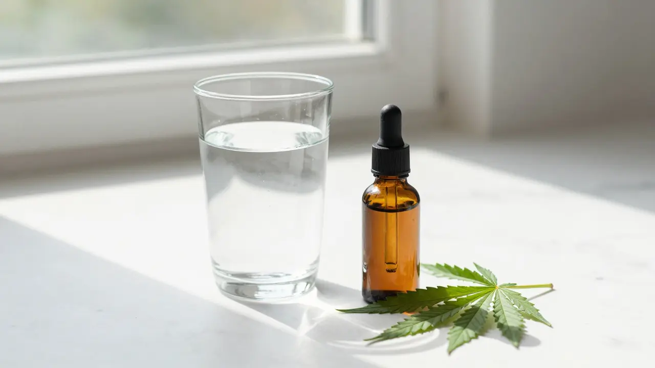 Wellness-Stillleben mit einem Tropfenvials, Wasser und einem Hanfblatt.