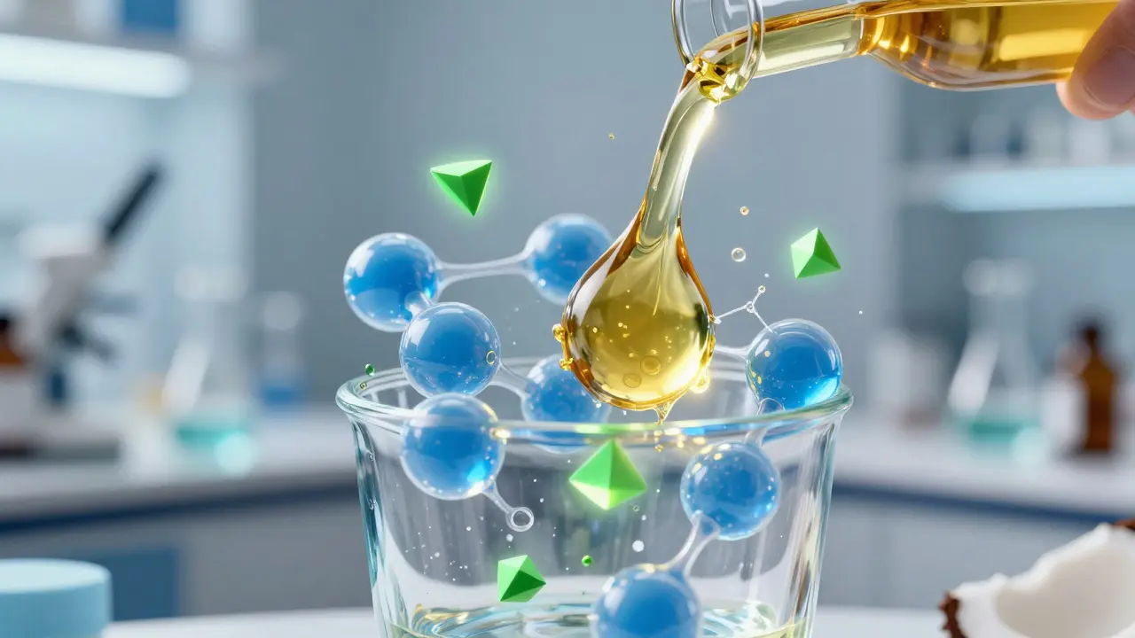 Abstrakte Darstellung von MCT-Öl und Cannabinoiden, die sich im Wasser vermischen.