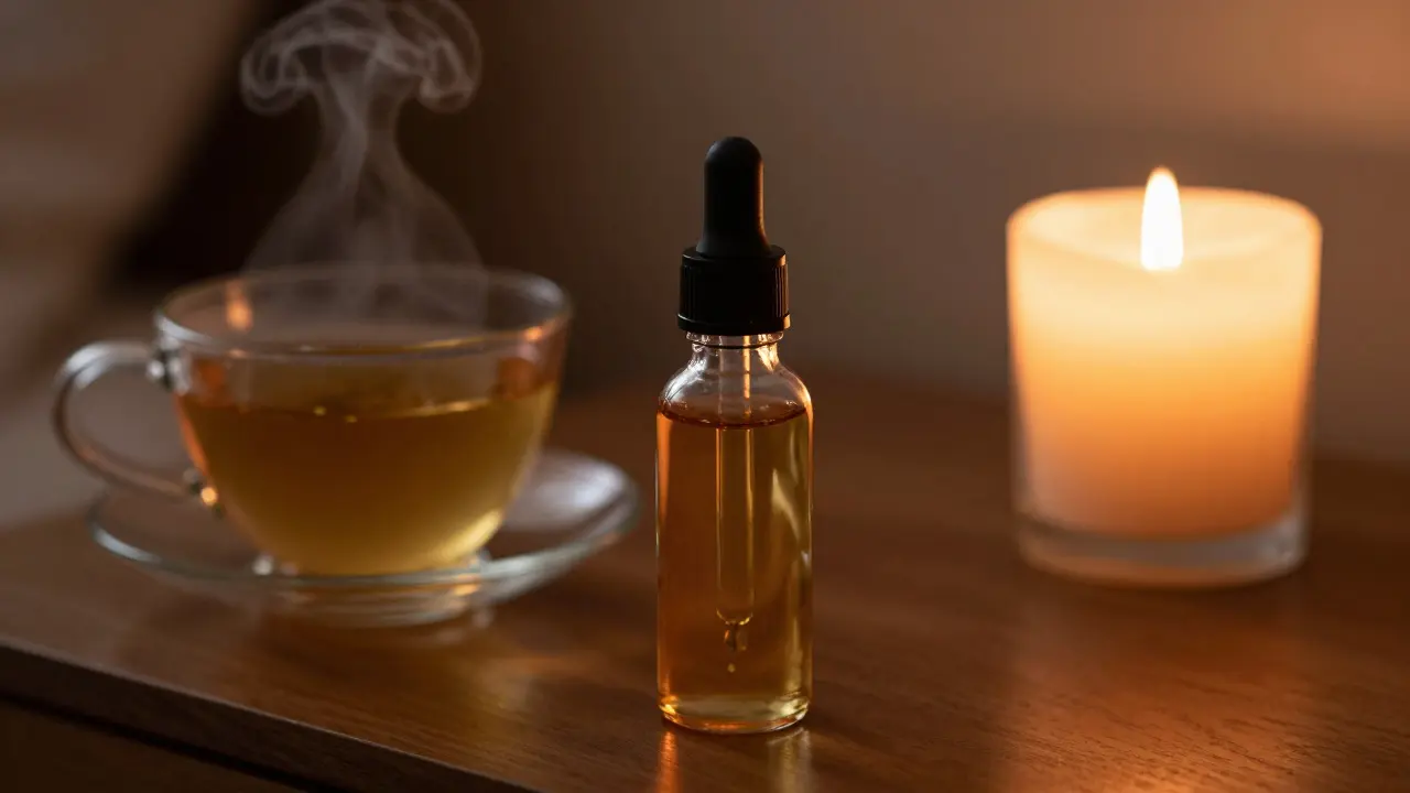 CBD oil bottle, tea, and candle on a nightstand