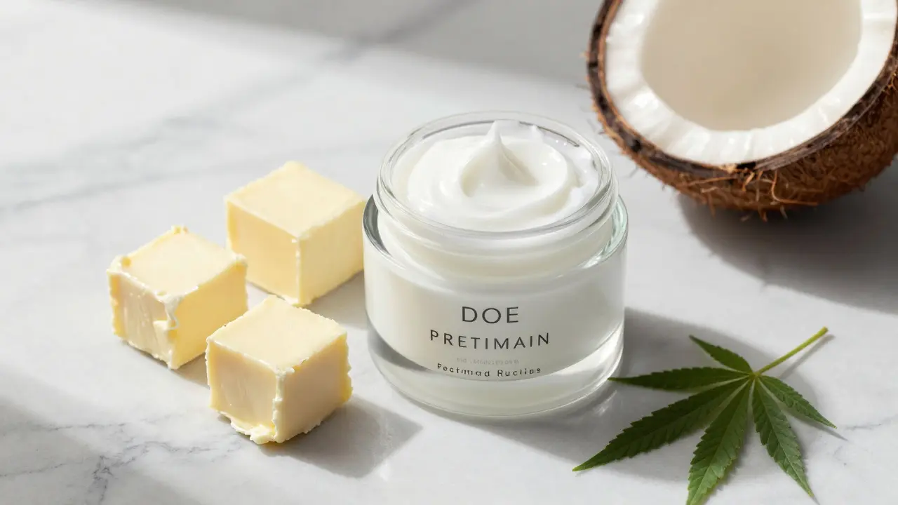 Elegantes Glasgefäß mit CBG-Salbe neben natürlichen Zutaten wie Sheabutter