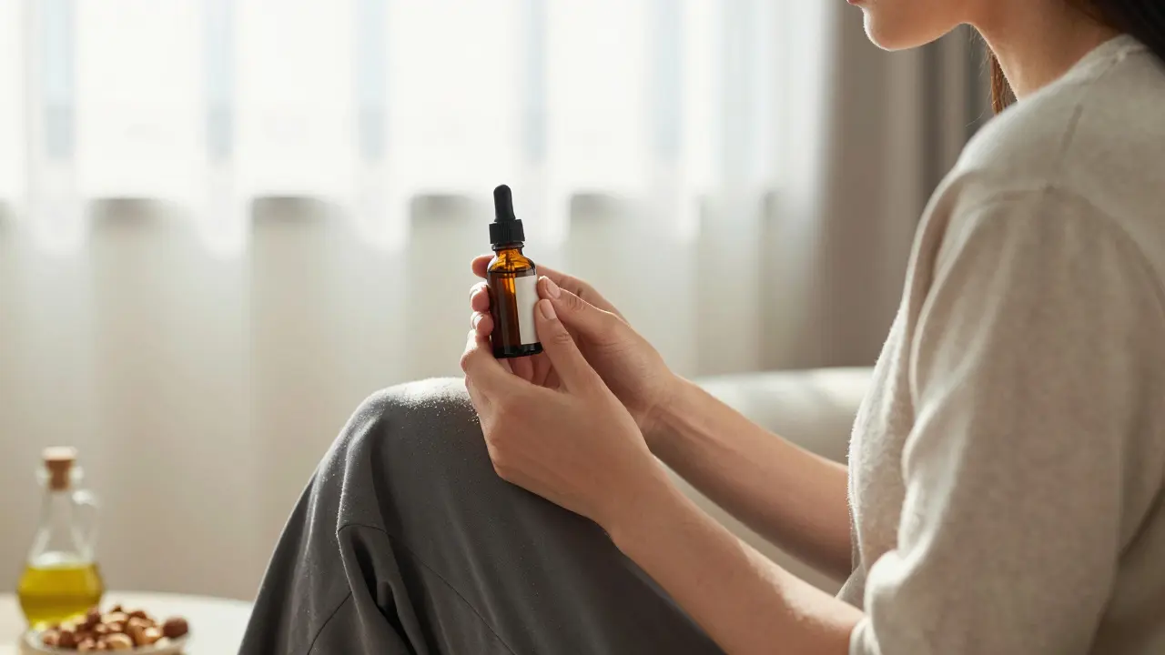Entspannte Person mit CBD-Öl zur Stressreduktion und Herzgesundheit