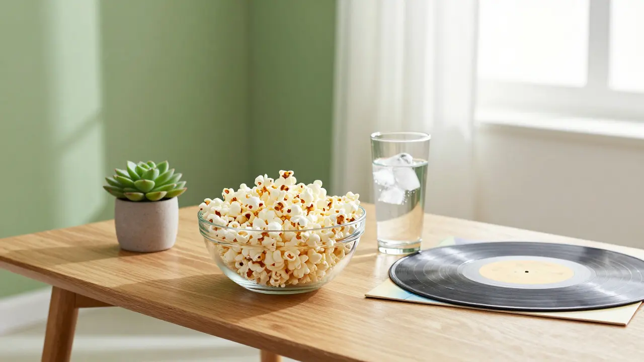 Entspannte Szene: Popcorn, Wasser und Pflanze auf einem Couchtisch bei Tageslicht.
