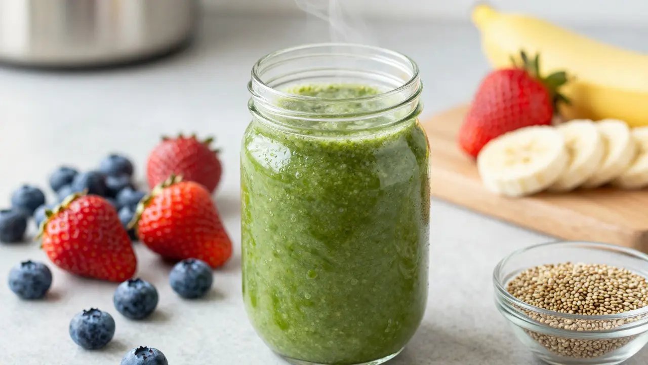 Frischer grüner Smoothie mit Beeren und Hanfsamen als gesunde Mahlzeit auf der Küchenarbeitsplatte.