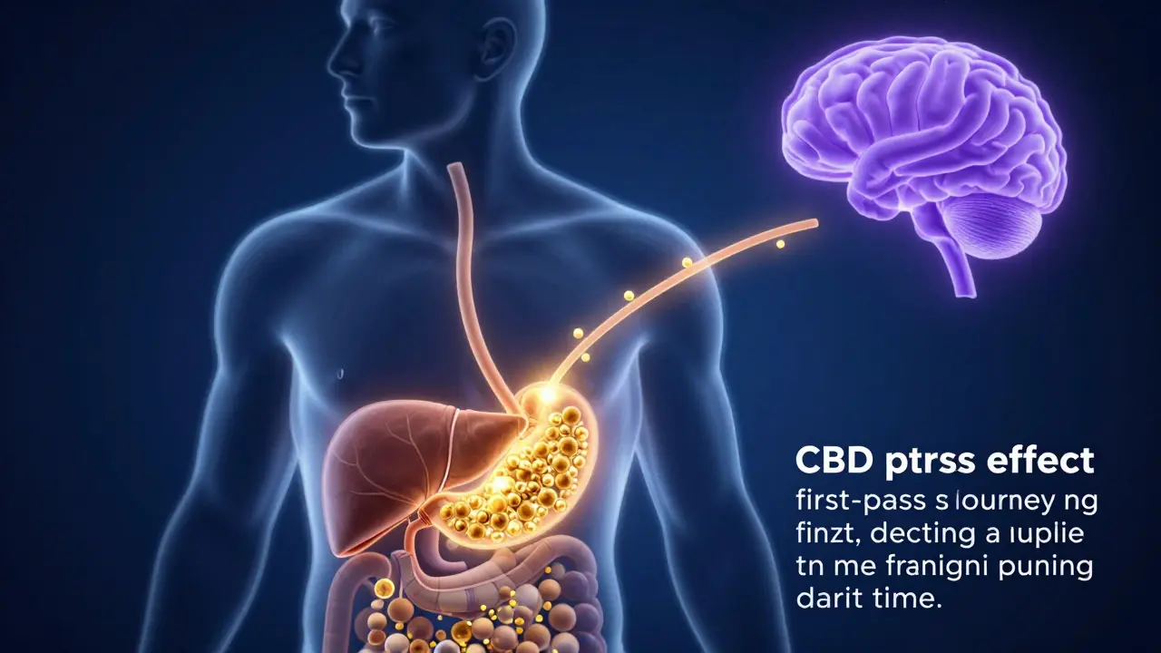 Grafik der CBD-Aufnahme im Körper durch Verdauungstrakt
