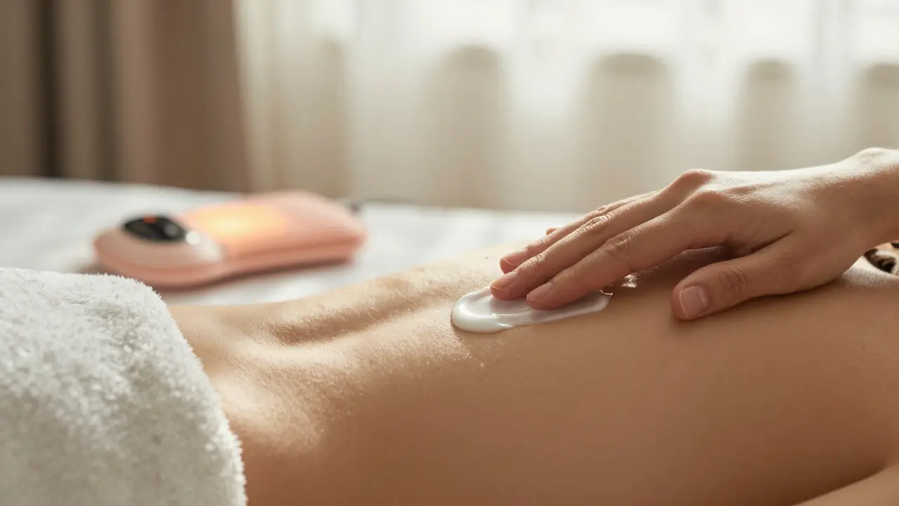 Hände, die Creme auf den unteren Rücken auftragen, neben einer Wärmetherapiequelle.