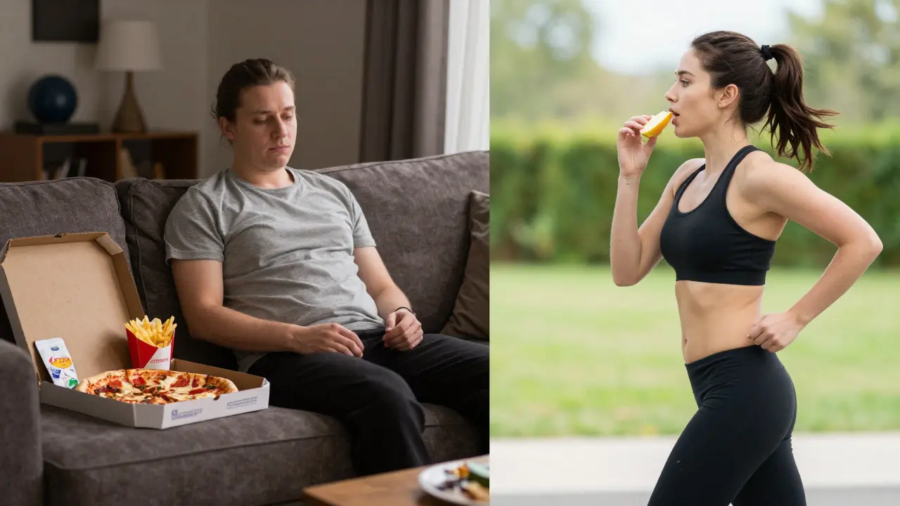 Kontrast zwischen übermäßigem Essen durch Munchies und gesunder Bewegung.