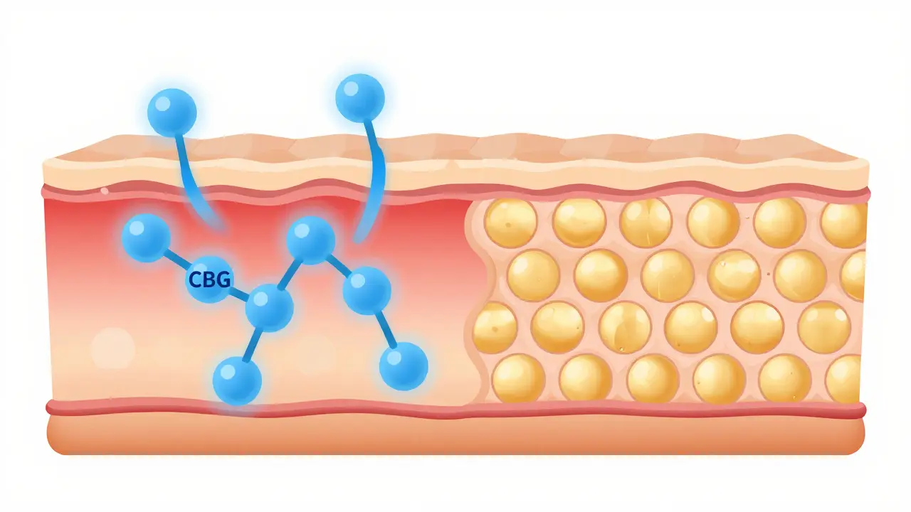 Konzeptionelle Darstellung von CBG-Molekülen, die Entzündungen in der Haut beruhigen