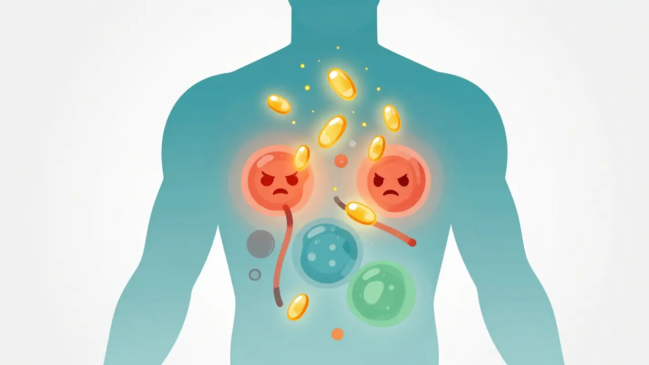 Konzeptionelle Illustration der entzündungshemmenden Wirkung von Omega-3-Fettsäuren im Körper.