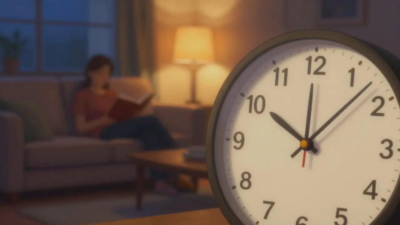 Konzeptkunst: Eine Uhr und ein gemütliches Wohnzimmer symbolisieren Geduld beim Konsum.