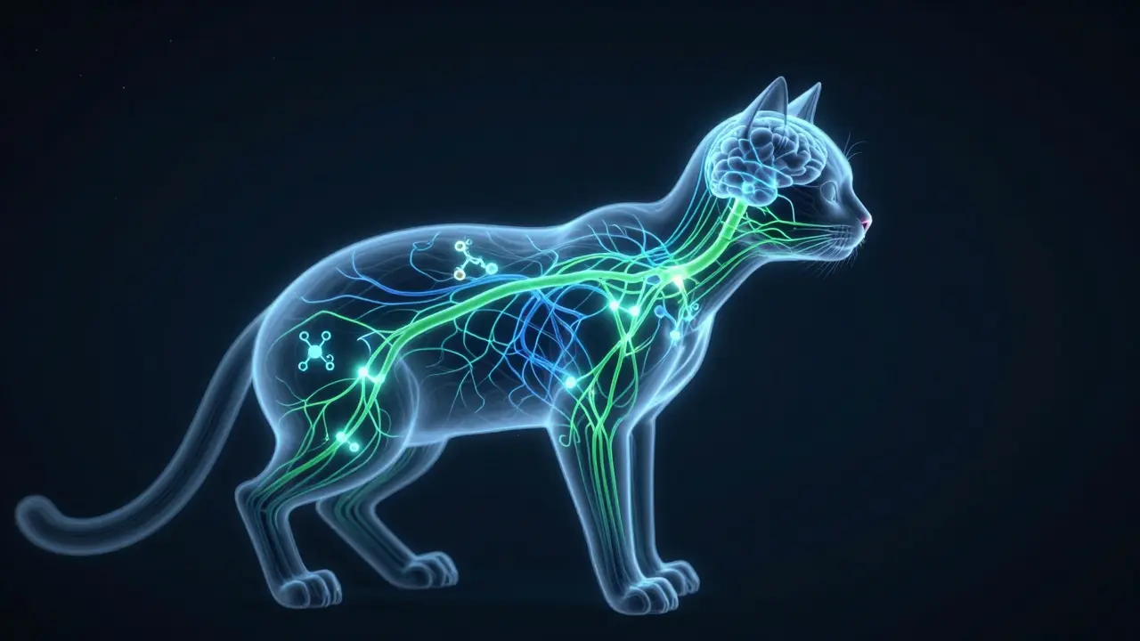 Konzeptuelle Darstellung von CBD-Molekülen im Nervensystem einer Katze