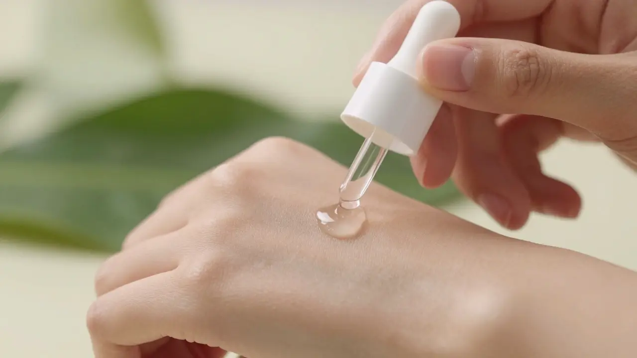 Makroaufnahme einer Hand, die Serum auf die Haut aufträgt, um Pflege und Feuchtigkeit zu verdeutlichen.