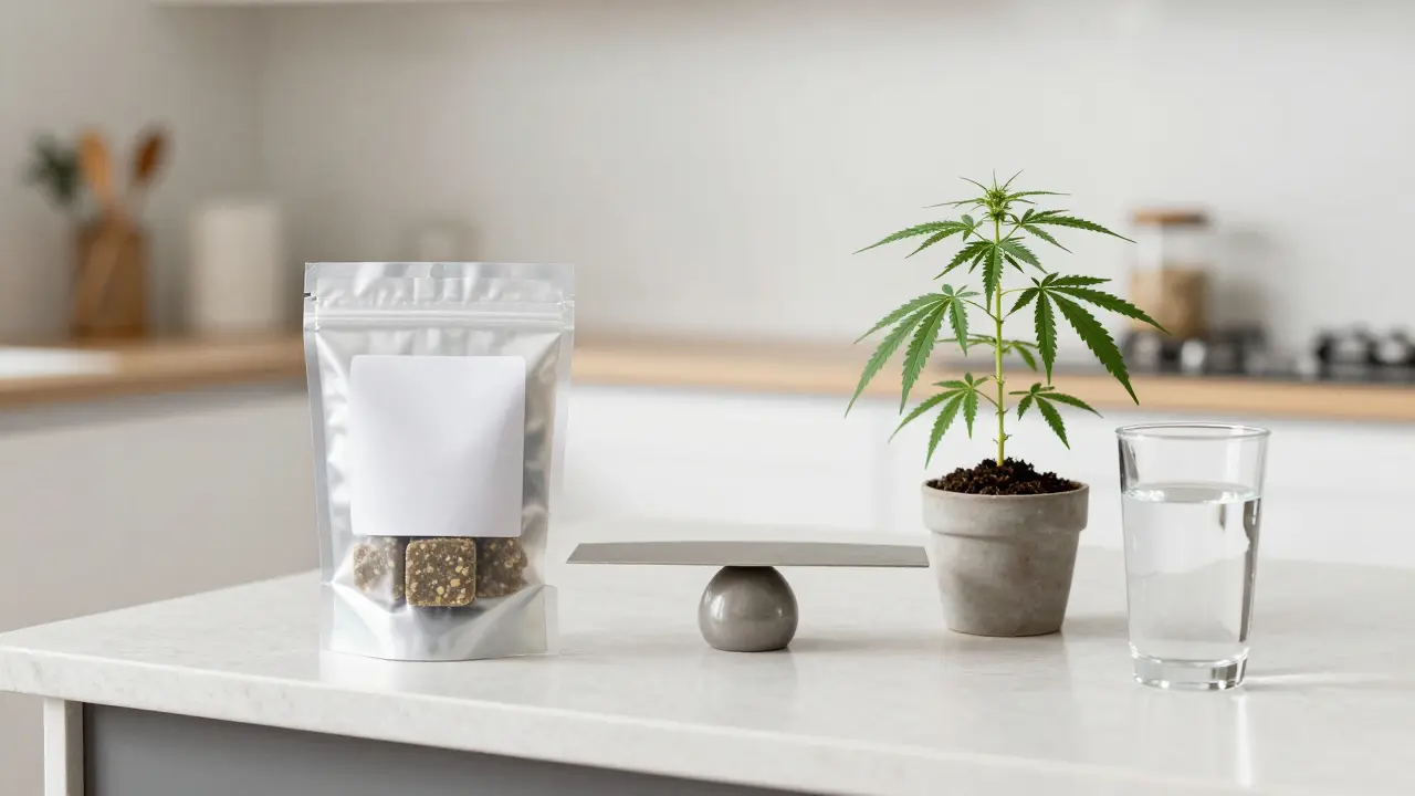 Moderne Küche mit verpacktem Edible, Wasserglas und kleiner Pflanze für Sicherheit