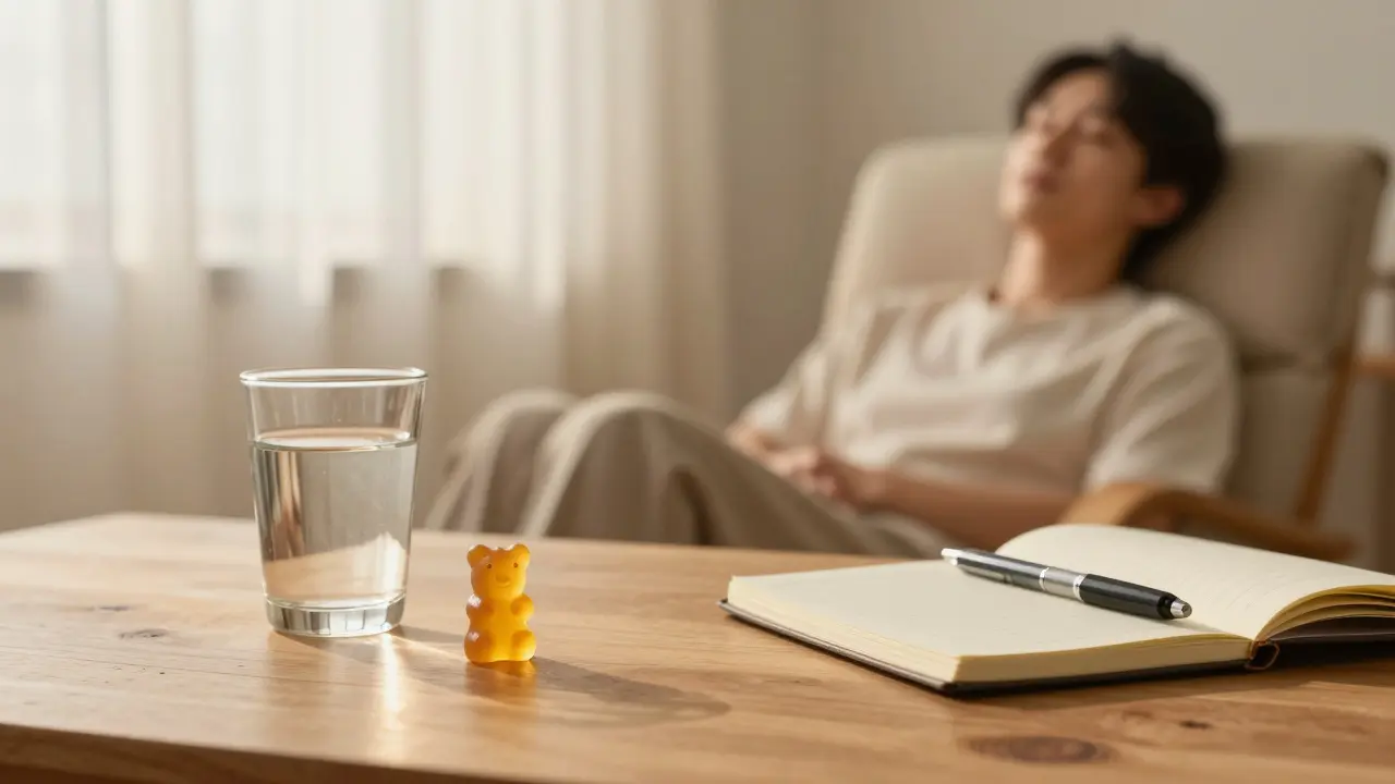 Person entspannt am Abend mit Gummibärchen und Wasser