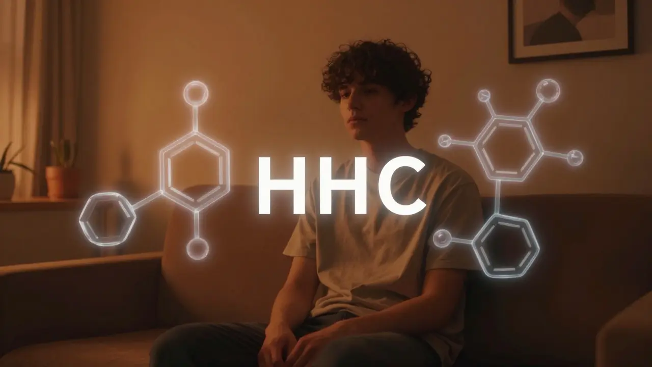 Person in entspannter Atmosphäre mit HHC-Wirkungssymbolen