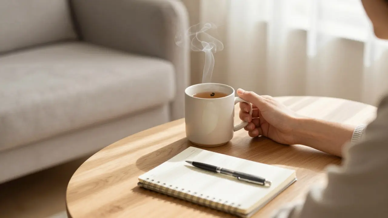 Person mit Kräutertee und Notizbuch zur Pause