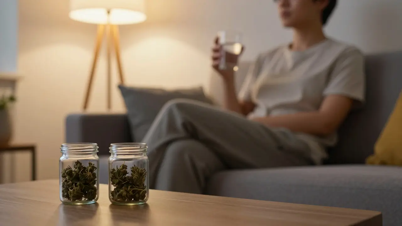 Ruhige Person im Wohnzimmer mit Hanfprodukten im Fokus