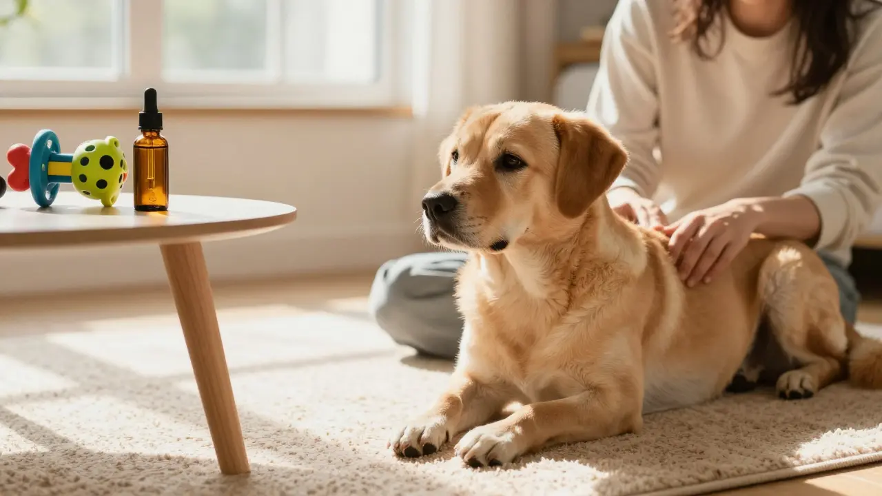 Ruhiger Hund mit CBD-Öl und Spielzeug beim Training