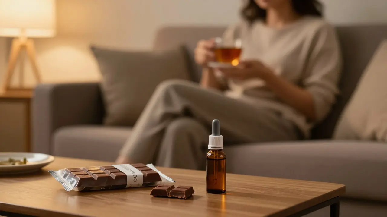 Schokolade und Tinktur auf einem Tisch in gemütlicher Atmosphäre