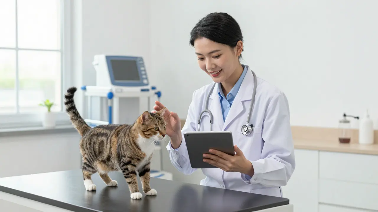Tierarzt berät Besitzer über Behandlungsmöglichkeiten für eine Katze