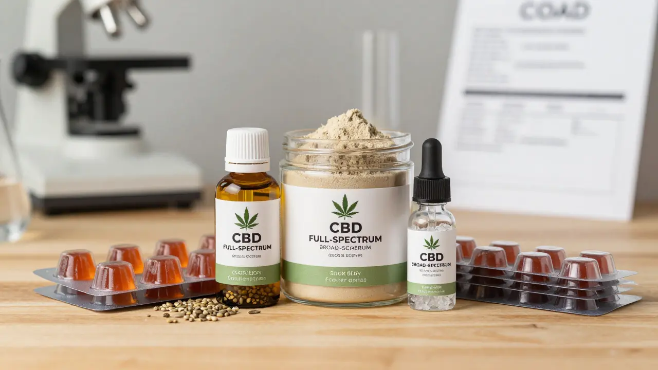 Verschiedene CBD-Extrakttypen und Bonbons auf Holzunterlage