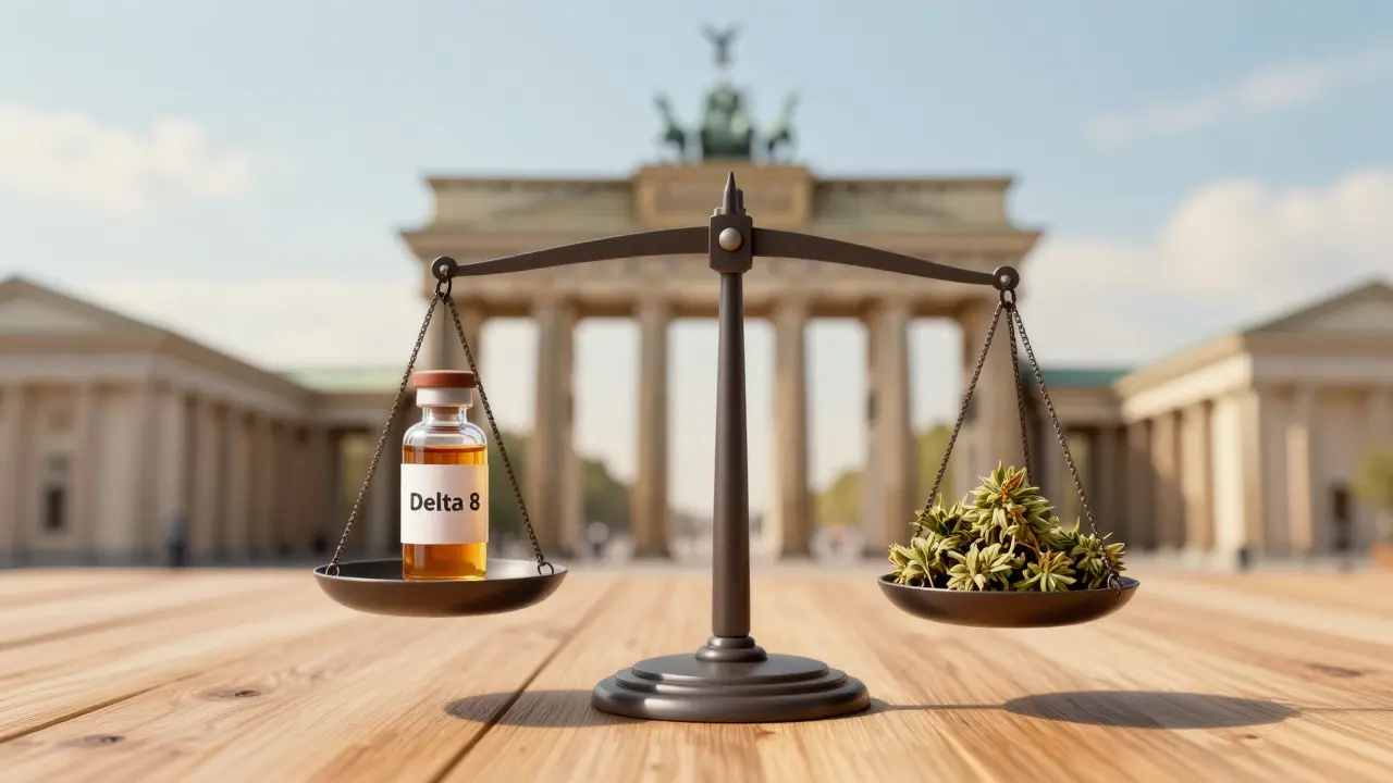 Waage mit Cannabinoid-Fläschchen und Hanfblüten vor deutschem Hintergrund