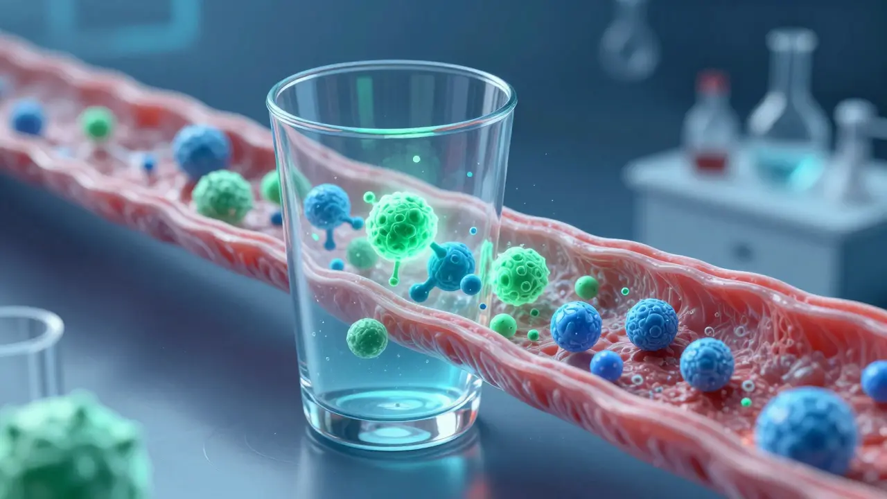 Abstrakte Darstellung von Nano-Emulsion und Cannabinoid-Molekülen