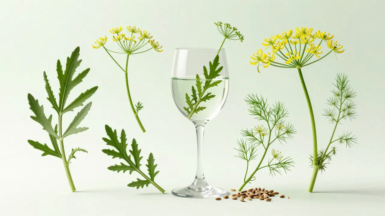 Botanische Illustration von Schafgarbe und Fenchel neben einem Glas Absinth