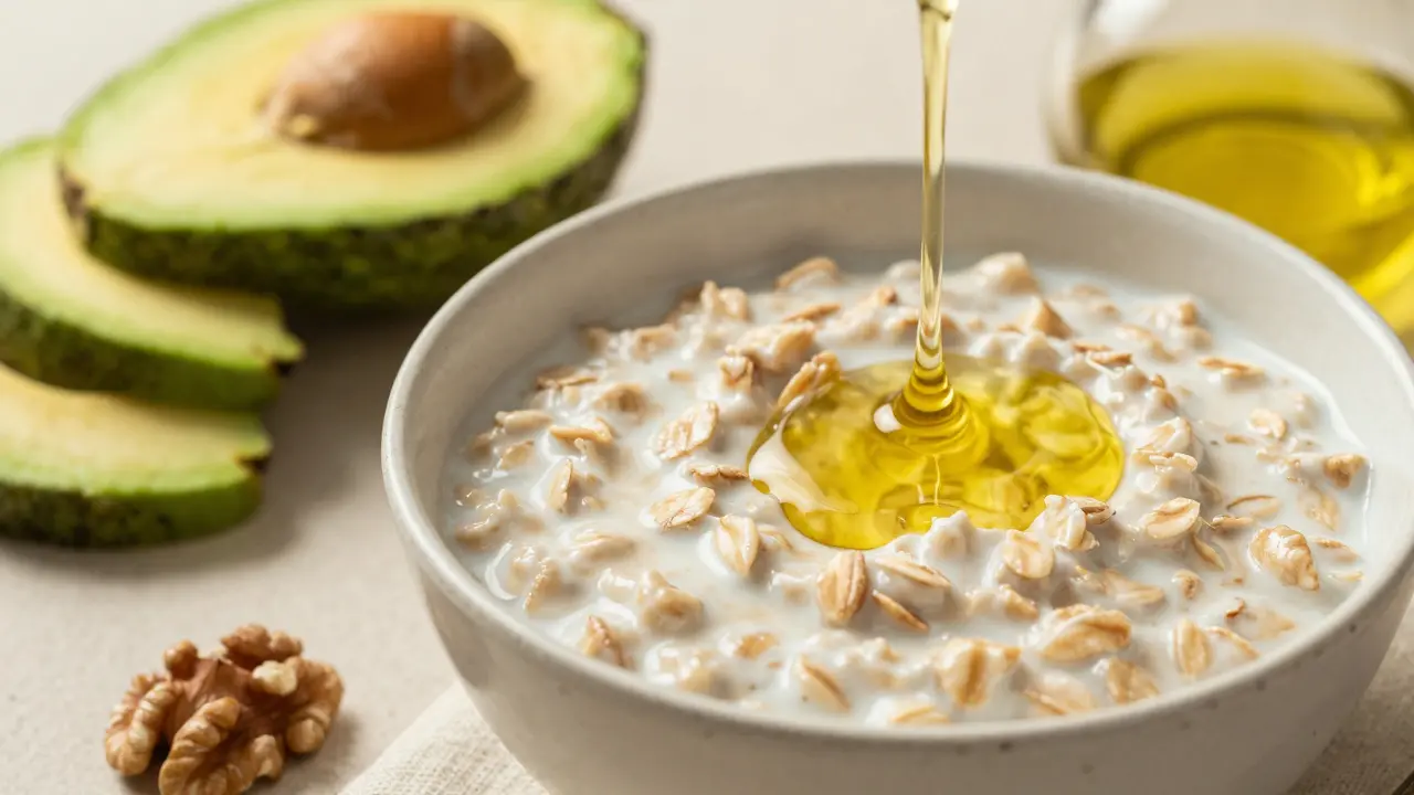 CBD-Öl wird mit fettreichen Lebensmitteln wie Haferflocken und Avocado gemischt