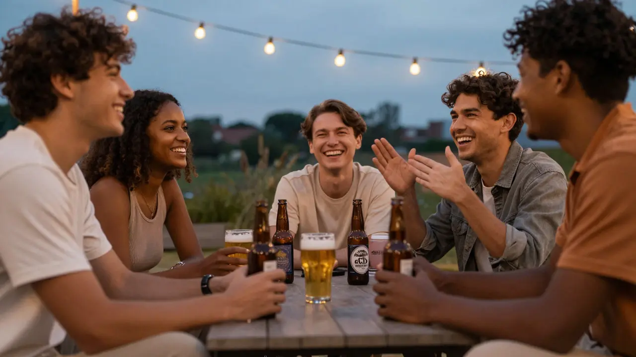 Freunde genießen geselliges Beisammensein mit CBD-Bier bei Dämmerung