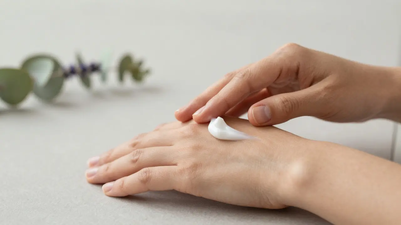 Hände reiben eine CBD-Creme auf die Haut für lokale Schmerzlinderung