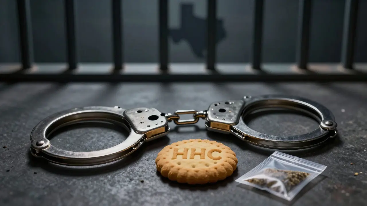 Handschellen neben HHC-Keks symbolisieren rechtliche Risiken
