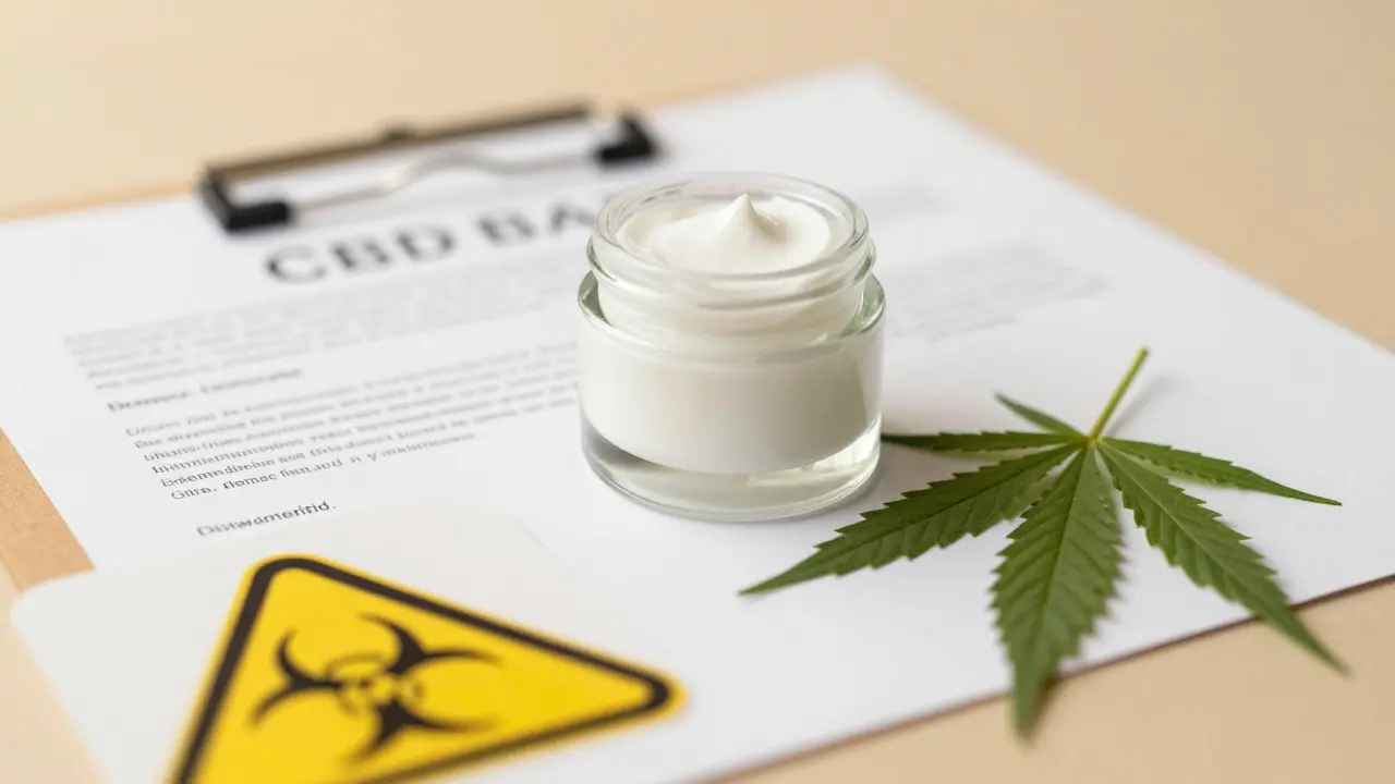 Hochwertiges CBD-Kosmetikprodukt neben Laborzertifikat und Hanfblatt