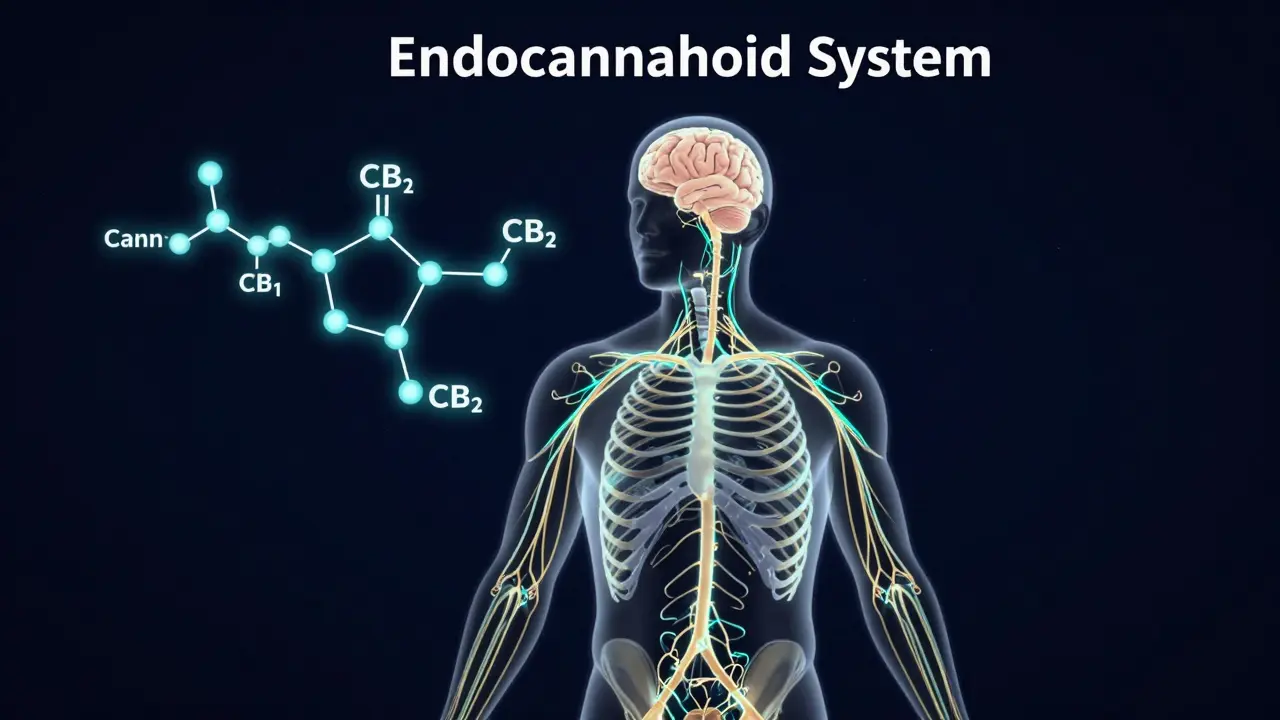 Illustration des Endocannabinoid-Systems und CBD-Molekülen