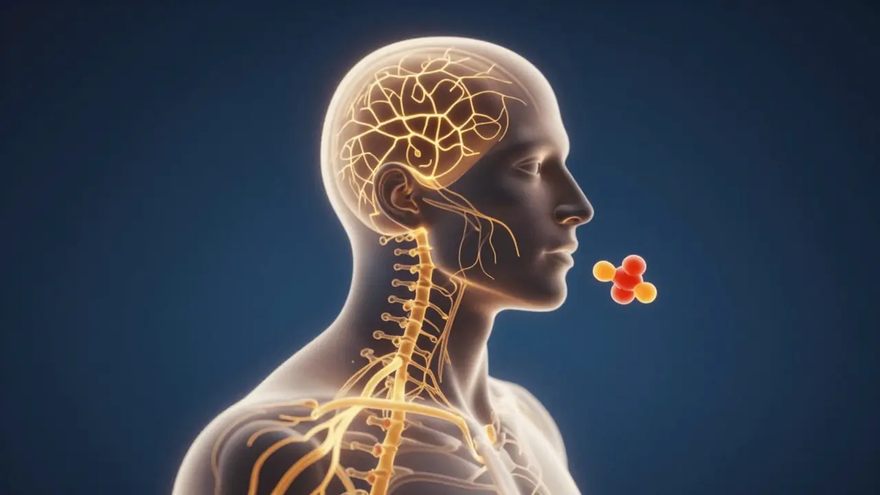 Konzeptuelle Illustration des menschlichen Endocannabinoid-Systems mit leuchtenden neuronalen Wegen
