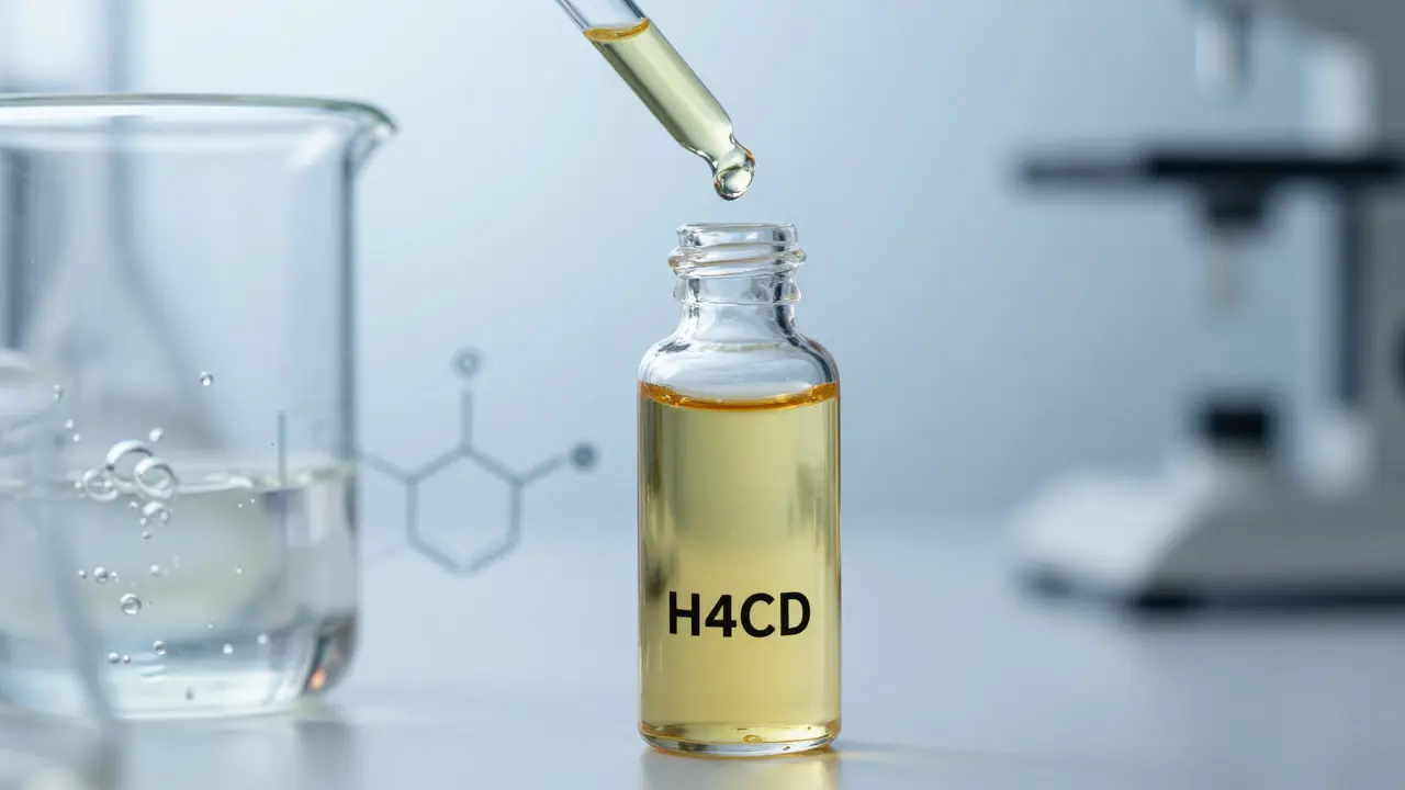 Laborflasche mit H4CBD-Öl und chemische Elemente