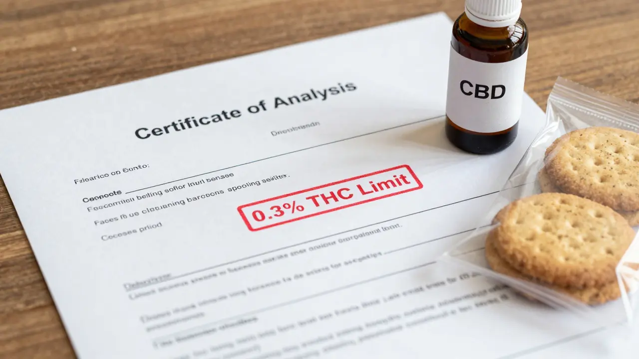 Labortest-Bericht neben CBD-Flasche und Keksen auf Tisch