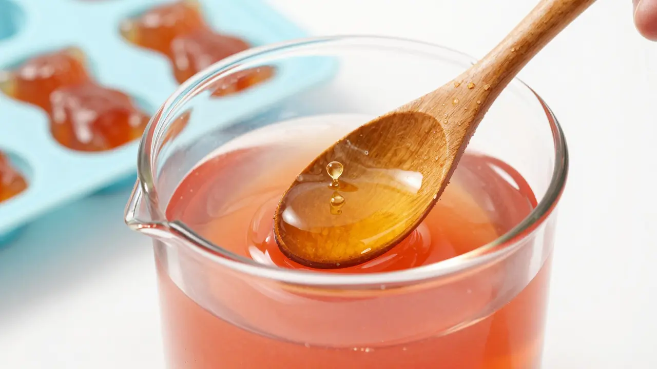 Makroaufnahme einer Gelatine-Mischung mit Öl, die die Emulgierung für Gummibärchen zeigt