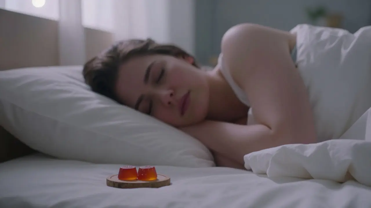 Mensch schläft friedlich im Bett mit CBN-Bonbons im Vordergrund