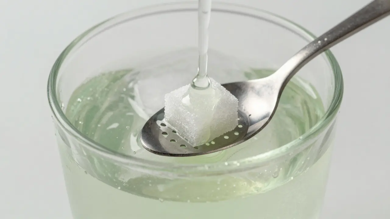Nahaufnahme des Louchings: Absinth wird mit Wasser und Zucker verdünnt