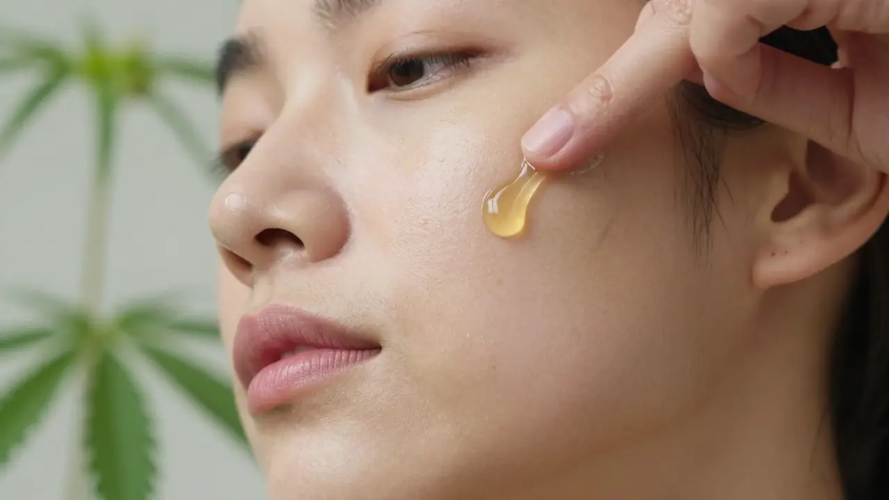 Nahaufnahme einer Hand, die ein pflegendes Serum auf gesunde Haut aufträgt