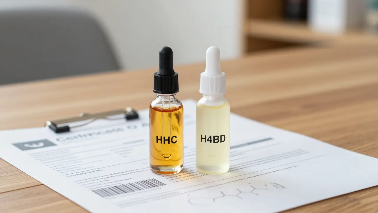 Nahaufnahme von zwei Cannabinoid-Flaschen neben einem Labor-Zertifikat auf einem Holztisch.