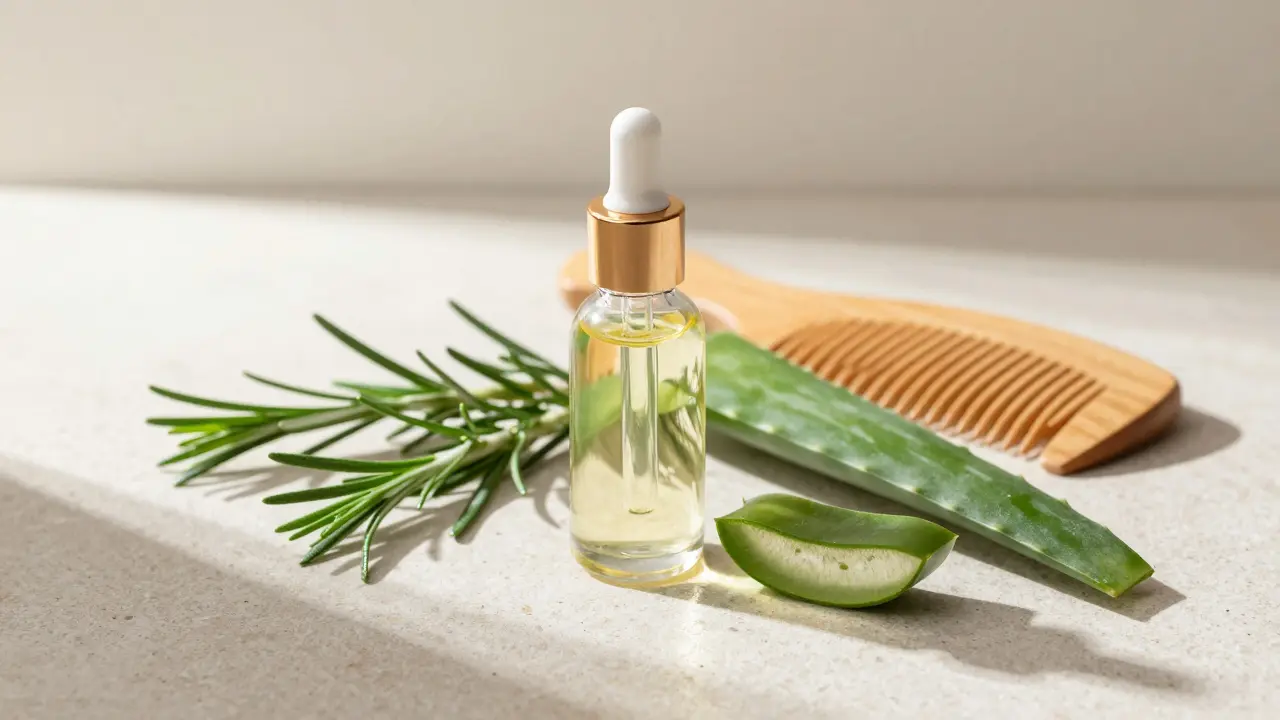 Natural hair care ingredients including CBG oil, rosemary, and aloe vera