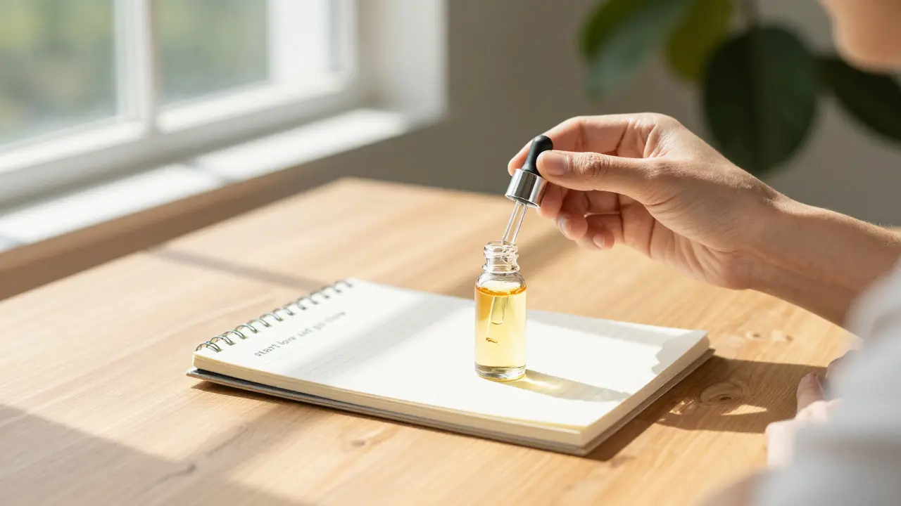 Person hält eine Flasche CBD-Öl bei natürlichem Licht