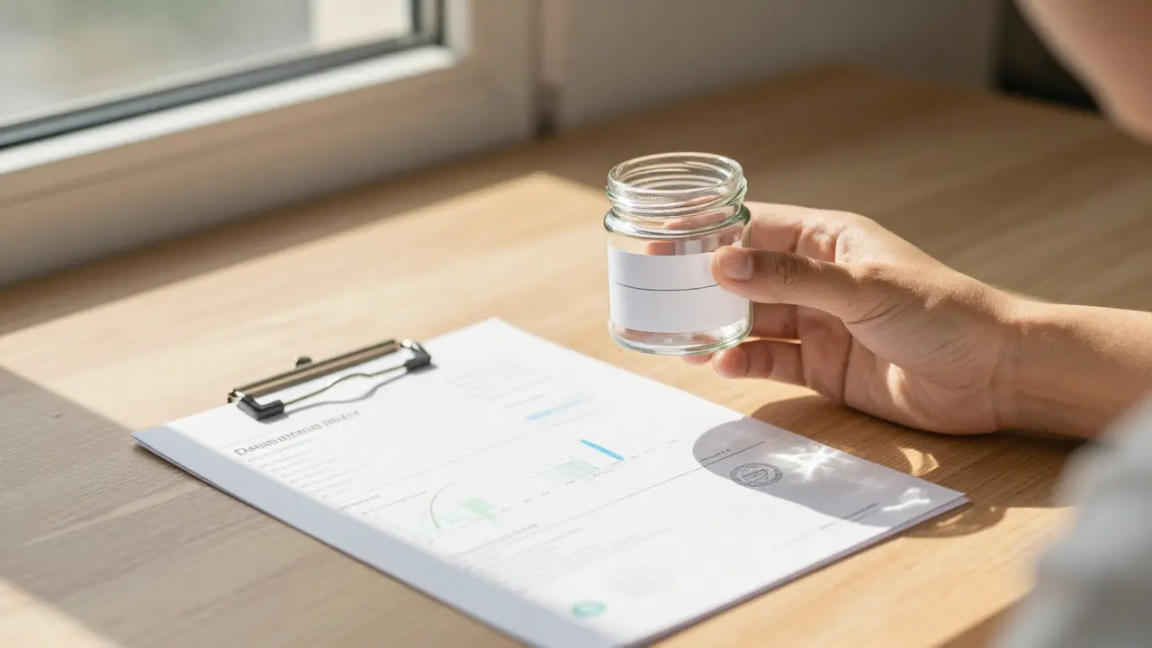 Person prüft ein Produktglas neben einem Laborbericht